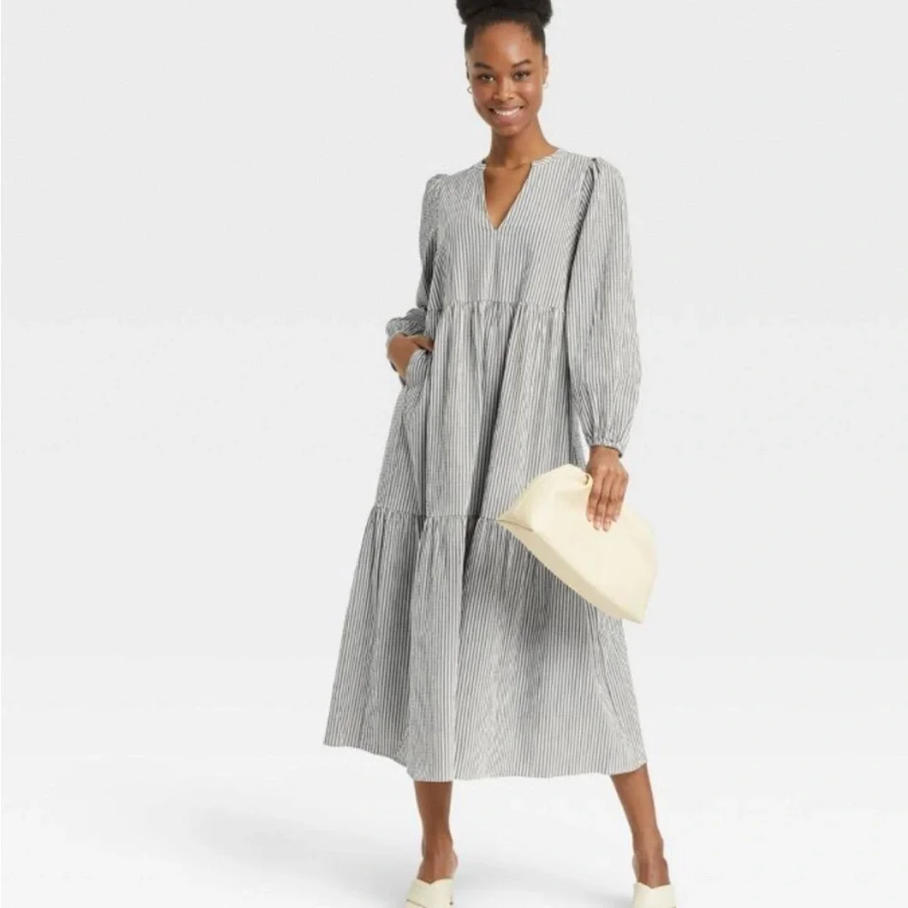 Coquette Milkmaid Tiered Long Sleeve Tiered Gray & White Stripes XL Pockets NWT - Picture 7 of 11